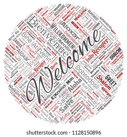 Vector conceptual abstract welcome or greeting international round circle red word cloud in different languages or multilingual. Collage of world, foreign, worldwide travel translate, vacation tourism