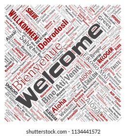 Vector conceptual abstract welcome or greeting international square red word cloud in different languages or multilingual. Collage of world, foreign, worldwide travel translate, vacation tourism