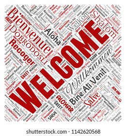 Vector conceptual abstract welcome or greeting international square red word cloud in different languages or multilingual. Collage of world, foreign, worldwide travel translate, vacation tourism