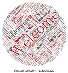 Vector conceptual abstract welcome or greeting international round circle red word cloud in different languages or multilingual. Collage of world, foreign, worldwide travel translate, vacation tourism