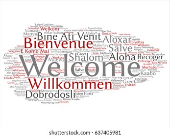 Vector conceptual abstract welcome or greeting international abstract word cloud in different languages or multilingual. Collage of world, foreign, worldwide travel, translate, vacation tourism text