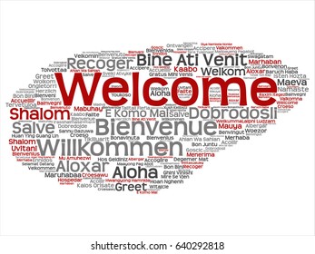 Vector conceptual abstract welcome or greeting international abstract word cloud in different languages or multilingual. Collage of world, foreign, worldwide travel, translate, vacation tourism text