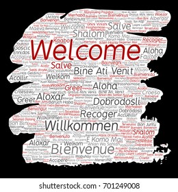 Vector conceptual abstract welcome or greeting international brush or paper word cloud in different languages or multilingual. Collage of world, foreign, worldwide travel, translate, vacation tourism
