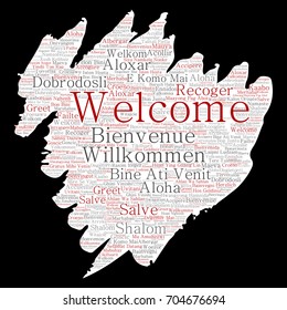 Vector de bienvenida conceptual abstracta o saludar a un pincel internacional o nube de palabras de papel en diferentes idiomas o multilingües. Collage del mundo, extranjero, viajes a nivel mundial, traducciones, turismo de vacaciones