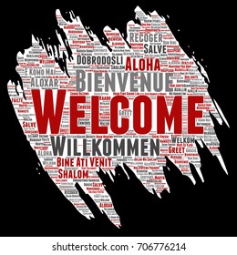Vector conceptual abstract welcome or greeting international brush or paper word cloud in different languages or multilingual. Collage of world, foreign, worldwide travel, translate, vacation tourism