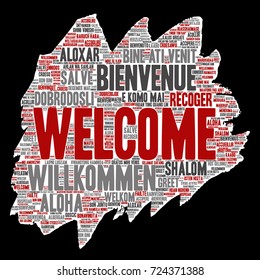 Vector conceptual abstract welcome or greeting international brush or paper word cloud in different languages or multilingual. Collage of world, foreign, worldwide travel, translate, vacation tourism