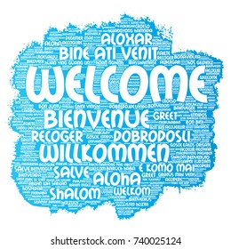 Vector conceptual abstract welcome or greeting international brush or paint word cloud in different languages or multilingual. Collage of world, foreign, worldwide travel, translate, vacation tourism