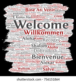 Vector de bienvenida conceptual abstracta o saludar a un pincel internacional o nube de palabras de papel en diferentes idiomas o multilingües. Collage del mundo, extranjero, viajes a nivel mundial, traducciones, turismo de vacaciones