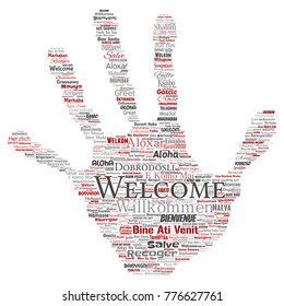 Vector conceptual abstract welcome or greeting international hand print stamp word cloud in different languages or multilingual. Collage of world, foreign, worldwide travel translate, vacation tourism
