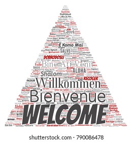 Vector de bienvenida conceptual abstracta o saludo a la nube internacional de palabras de flecha triangular en diferentes idiomas o multilingüe. Collage del mundo, extranjero, viajes a nivel mundial, traducciones, turismo de vacaciones