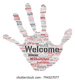 Vector conceptual abstract welcome or greeting international hand print stamp word cloud in different languages or multilingual. Collage of world, foreign, worldwide travel translate, vacation tourism