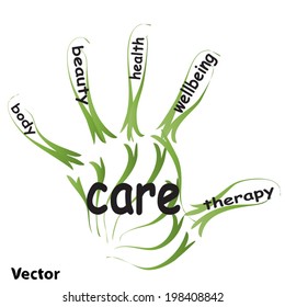 Vector conceptual abstract word cloud man hand print on white background, metaphor to health, nutrition, diet, wellness, body, energy, medical, fitness, medical, gym, medicine, sport, heart or science