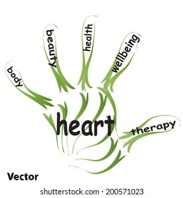 Vector conceptual abstract word cloud man hand print on white background, metaphor to health, nutrition, diet, wellness, body, energy, medical, fitness, medical, gym, medicine, sport, heart or science