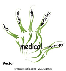 Vector conceptual abstract word cloud man hand print on white background, metaphor to health, nutrition, diet, wellness, body, energy, medical, fitness, medical, gym, medicine, sport, heart or science