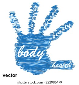Vector conceptual abstract word cloud man hand print on white background, metaphor to health, nutrition, diet, wellness, body, energy, medical, fitness, medical, gym, medicine, sport, heart or science