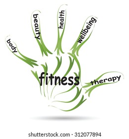 Vector conceptual abstract word cloud man hand print on white background, metaphor to health, nutrition, diet, wellness, body, energy, medical, fitness, medical, gym, medicine, sport, heart or science