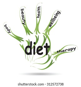 Vector conceptual abstract word cloud man hand print on white background, metaphor to health, nutrition, diet, wellness, body, energy, medical, fitness, medical, gym, medicine, sport, heart or science