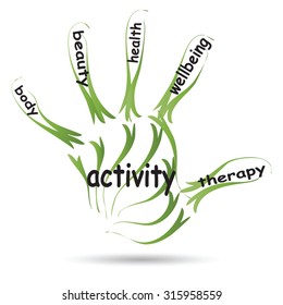 Vector conceptual abstract word cloud man hand print on white background, metaphor to health, nutrition, diet, wellness, body, energy, medical, fitness, medical, gym, medicine, sport, heart or science