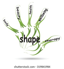 Vector conceptual abstract word cloud man hand print on white background, metaphor to health, nutrition, diet, wellness, body, energy, medical, fitness, medical, gym, medicine, sport, heart or science