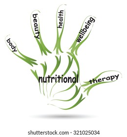 Vector conceptual abstract word cloud man hand print on white background, metaphor to health, nutrition, diet, wellness, body, energy, medical, fitness, medical, gym, medicine, sport, heart or science