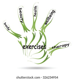 Vector conceptual abstract word cloud man hand print on white background, metaphor to health, nutrition, diet, wellness, body, energy, medical, fitness, medical, gym, medicine, sport, heart or science