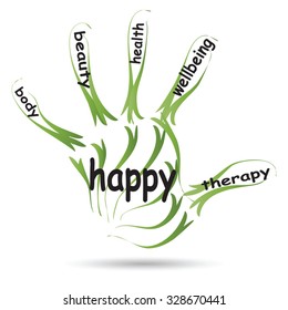 Vector conceptual abstract word cloud man hand print on white background, metaphor to health, nutrition, diet, wellness, body, energy, medical, fitness, medical, gym, medicine, sport, heart or science