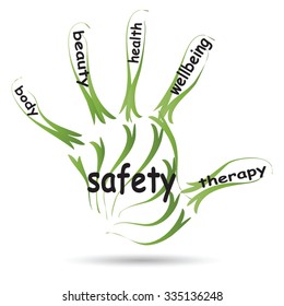 Vector conceptual abstract word cloud man hand print on white background, metaphor to health, nutrition, diet, wellness, body, energy, medical, fitness, medical, gym, medicine, sport, heart or science