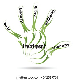 Vector conceptual abstract word cloud man hand print on white background, metaphor to health, nutrition, diet, wellness, body, energy, medical, fitness, medical, gym, medicine, sport, heart or science