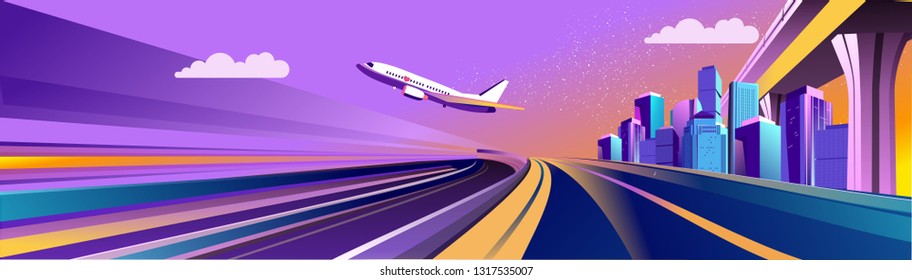 Vector conceptual background, traffic, panoramic view of the road stretching into the distance, bridge, futuristic abstract landscape