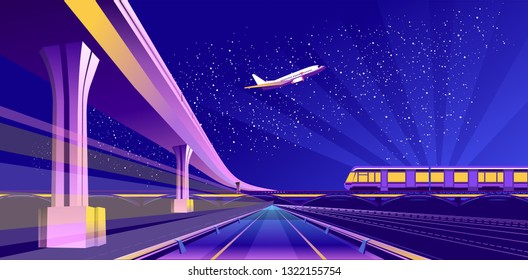 Vector conceptual background, traffic, panoramic view of the road stretching into the distance, bridge,with a train and a plane flying through the night sky , futuristic abstract landscape