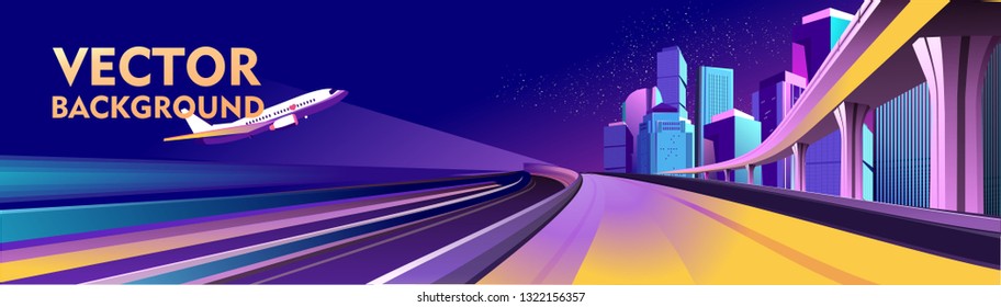 Vector conceptual background, traffic, panoramic view of the road stretching into the distance, bridge, futuristic abstract landscape