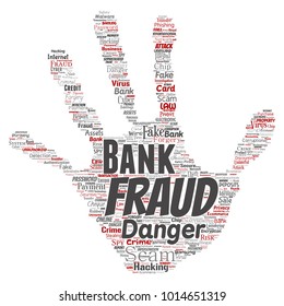 Fraude bancario conceptual vectorial estafa de pago peligro mano imprimir stampword nube aislado fondo. Collage de piratería informática, autenticación falsa de virus, concepto de transacción ilegal o robo de identidad