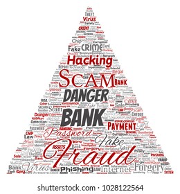 Vector conceptual fraude bancario estafa de pago de peligro triángulo flecha palabra nube aislado fondo. Collage de piratería informática, autenticación falsa de virus, concepto de transacción ilegal o robo de identidad