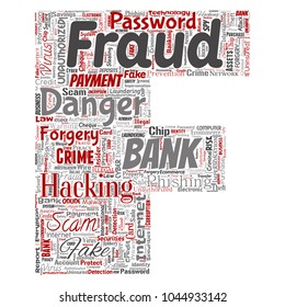 Vector conceptual bank fraud payment scam danger letter font F word cloud isolated background. Collage of password hacking, virus fake authentication, illegal transaction or identity theft concept