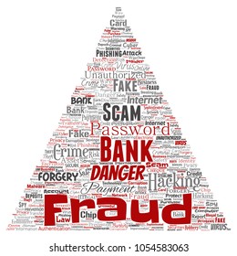 Vector conceptual bank fraud payment scam danger triangle arrow word cloud isolated background. Collage of password hacking, virus fake authentication, illegal transaction or identity theft concept