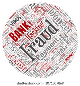 Vetor conceitual banco fraude pagamento golpe perigo círculo redondo círculo vermelho palavra nuvem isolado fundo. Colagem de hacking de senha, autenticação falsa de vírus, transação ilegal ou conceito de roubo de identidade
