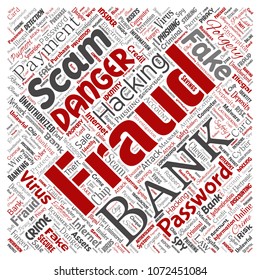 Vektorkonzeptueller Bankbetrug Zahlungsbetrug Gefahr quadratischer roter Wortwolke isolierter Hintergrund. Sammlung von Passwort-Hacking, Virus-Fake-Authentifizierung, illegaler Transaktion oder Identitätsdiebstahl-Konzept