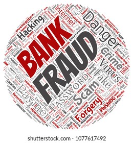 Vector conceptual bank fraud payment scam danger round circle red word cloud isolated background. Collage of password hacking, virus fake authentication, illegal transaction or identity theft concept