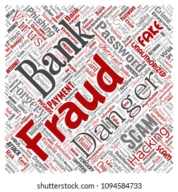 Vector conceptual bank fraud payment scam danger square red word cloud isolated background. Collage of password hacking, virus fake authentication, illegal transaction or identity theft concept
