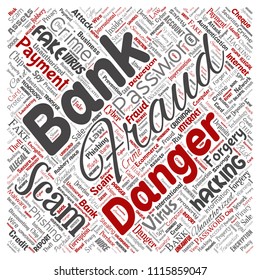 Vector conceptual bank fraud payment scam danger square red word cloud isolated background. Collage of password hacking, virus fake authentication, illegal transaction or identity theft concept
