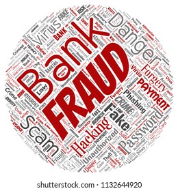 Vector conceptual bank fraud payment scam danger round circle red word cloud isolated background. Collage of password hacking, virus fake authentication, illegal transaction or identity theft concept