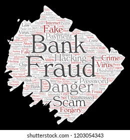 Vector fraude bancario conceptual fraude pago estafa peligro pincel de papel palabra nube aislado fondo. Collage de piratería informática, autenticación falsa de virus, concepto de transacción ilegal o robo de identidad