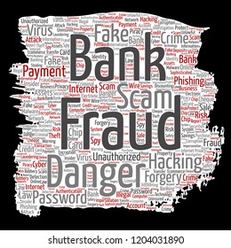 Vector conceptual bank fraud payment scam danger paint brush paper word cloud isolated background. Collage of password hacking, virus fake authentication, illegal transaction or identity theft concept