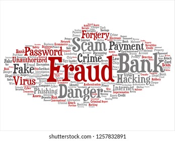 Vector conceptual bank fraud payment scam danger abstract word cloud isolated background. Collage of password hacking, virus fake authentication crime, illegal transaction identity theft text concept