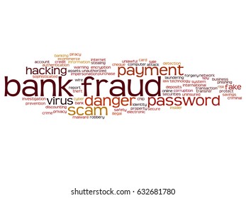 Vector conceptual bank fraud payment scam danger abstract word cloud isolated background. Collage of password hacking, virus fake authentication crime, illegal transaction identity theft text concept