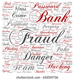 Vector conceptual bank fraud payment scam danger square word cloud isolated background. Collage of password hacking, virus fake authentication crime, illegal transaction or identity theft text concept