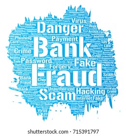 Vector fraude bancario conceptual fraude pago estafa de peligro pincel de pintura palabra nube aislado fondo. Collage de piratería informática, autenticación falsa de virus, concepto de transacción ilegal o robo de identidad