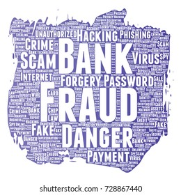 Vector conceptual bank fraud payment scam danger paint brush word cloud isolated background. Collage of password hacking, virus fake authentication, illegal transaction or identity theft concept