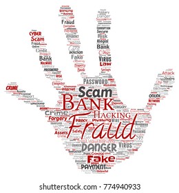 Fraude bancario conceptual vectorial estafa de pago peligro mano imprimir stampword nube aislado fondo. Collage de piratería informática, autenticación falsa de virus, concepto de transacción ilegal o robo de identidad