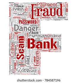 Vector conceptual bank fraud payment scam danger letter font F word cloud isolated background. Collage of password hacking, virus fake authentication, illegal transaction or identity theft concept